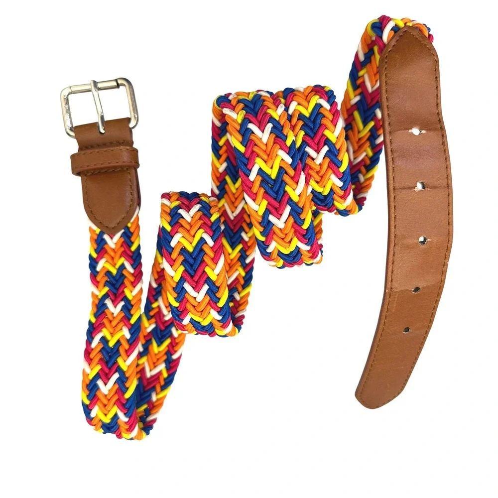 Braided Stretch Woven Elastic Belt Multicolor Faux Leather Trim Silver Buckle